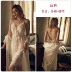 Guiruo Sexy Deep V Lace Perspective Temptation Open Back Split Embroidery Hanging Strap Nightgown Homewear Set 311