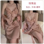 Rose Like Spring and Summer Sexy Lace Sweet Pajama Chest Pads Gathered Strap Sleeping Skirt Outer Robe Home Suit Set J2708