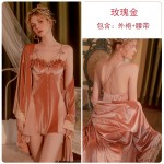 Guiruo Velvet Sweet Solid Color Pajamas with Chest Pads, Open Back Suspended Pajama Skirt, Lace up Outer Robe, Home Suit Set 2953