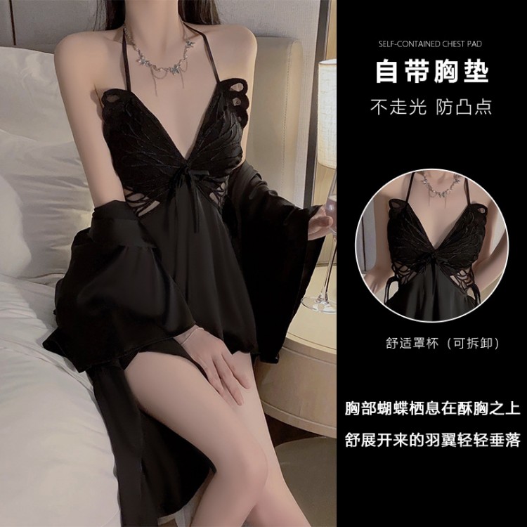 Guiruo Sexy Backless Temptation Ice Silk Pajamas Butterfly Perspective Sling Sleeping Dress Simple Outer Robe Home Furnishing P3945