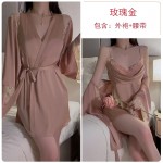 Guiruo Solid Satin Sexy High Split Stacked Collar Open Back Suspended Sleeping Dress Open Front Outer Robe Home Set 2063