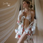 Guiruo Summer New Sexy and Comfortable Print Ice Silk Three Point Lace Up Outer Robe Women's Home Suit Set 19159