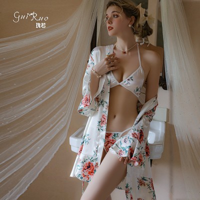 Guiruo Summer New Sexy and Comfortable Print Ice Silk Three Point Lace Up Outer Robe Women's Home Suit Set 19159