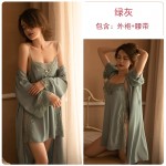 Guiruo Brand Sexy Deep V Thin Satin Lace Hanging Pajama Dress Lace up Pajama Bathrobe Home Suit Set 542