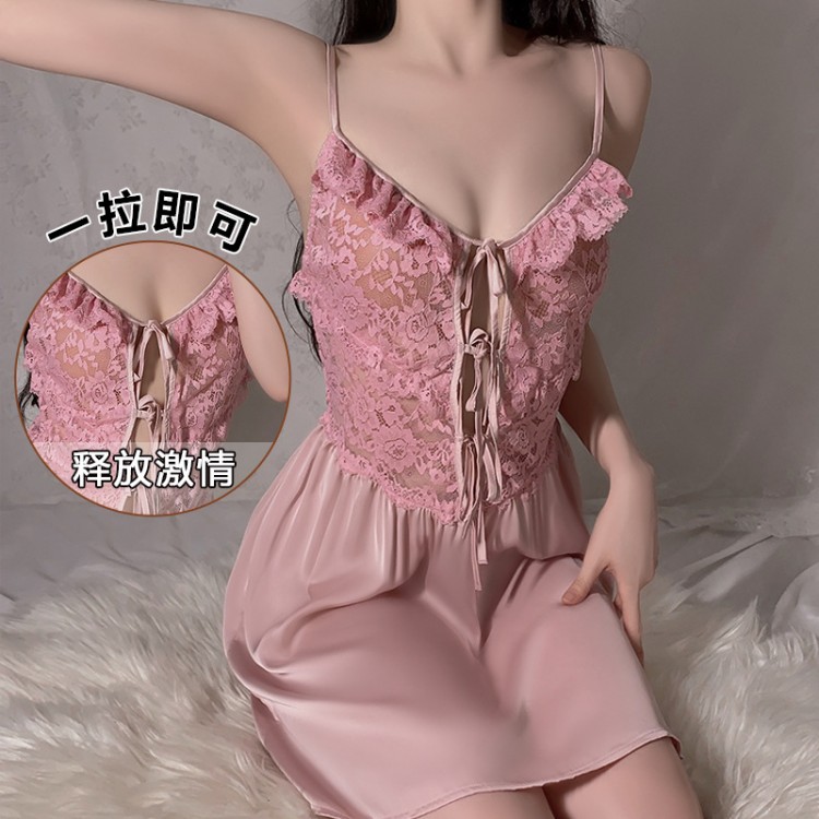 Guiruo Sexy Deep V Lace up Hollow Out Perspective Seduction Splice Satin Sweet Girl Sling Fun Sleeping Dress 19678