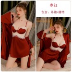 Guiruo Sexy Backless Deep V with Breast Pads Satin Contrast Lace Perspective Temptation Sleeping Skirt Outer Robe Home Suit 3554