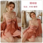 Guiruo Sexy Deep V Satin Hollow Steel Ring Small Chest Show Large Open Back Temptation Sleeping Dress Simple Outer Robe Set 2359