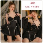 Guiruo Satin Collage Perspective Deep V with Chest Cushion Pure Desire Lace Sleeping Dress Comfortable Outer Robe Home Suit Set 3248