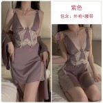 Guiruo Sexy Backless Temptation Ice Silk Pajamas with Chest Pads Gathered Strap Sleeping Skirt Outer Robe Home Suit Set 3171