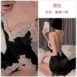 Ruo Ruo Sexy Split seductive Lace Solid Color Pajamas Open Back Suspended Sleeping Dress Outer Robe Women's Home Furnishing Set 893