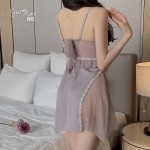 Guiruo Satin V-neck with Chest Pad Collar Collar Collar and Perspective Lace Sexy Lace Up Sleeping Dress Outer Robe Home Suit Set 3128