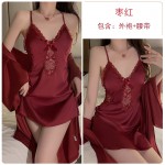 Guiruo Brand Silk Smooth Satin Face with Chest Pads Perspective Lace Sexy Cross Back Sleeping Dress Outer Robe Home Suit 3616