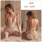 Guiruo Fun Underwear Sexy Lace Mesh Perspective Attractive Deep V Snap Open Range One Piece Uniform Set 2093