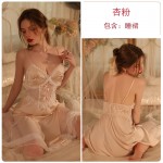 Guiruo Chest Cushion Gathered Sling Pajama Dress Bowknot Sweet Sleepwear Mesh Outer Robe Women's Home Furnishing Set W2785