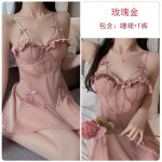 Guiruo Satin Lace and Chest Cushion Steel Ring Gathered and Collated, See-through Seduction Sleeping Dress, Outer Robe, Home Suit Set 2072