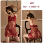 Guiruo Europe and America New Sexy Sleepwear Women's Nightwear Lace Perspective Sling Dress Mesh Home Furnishing Set 557