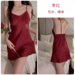 Guiruo Lingerie Summer Solid Color Ice Silk Waist Slim Lace Up Fold Suspended Sleeping Dress Outer Robe Home Set 1517