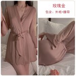 Guiruo Sexy Satin Lace Deep V with Chest Pads Cross Back Suspended Sleeping Dress Outer Robe Home Suit Set 1170