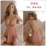 Guiruo Sexy Temptation Lace Open Back V-Neck Smooth Women's Suspender Dress Outer Robe Comfortable Home Suit Set 1690