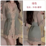 Guiruo Sweet Mesh Lace Deep V with Chest Pads Pure Desire Sling Sleeping Dress Outer Robe Women's Home Suit Set P3772