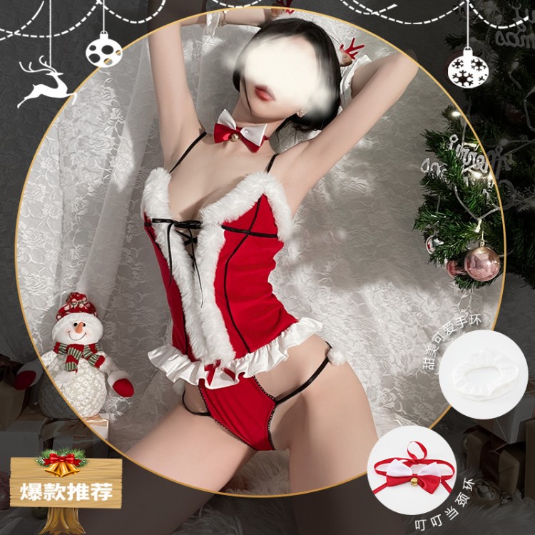 Guiruo Fun Lingerie Velvet Christmas Dress Sexy Straps Gather Hollow out Temptation One Piece Uniform Set 2779