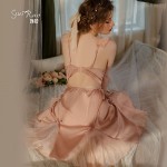 Guiruo Pure Desire Temptation Deep V with Chest Pads, Transparent Lace, Sexy Lace up Satin Sleeping Dress, Outer Robe, Home Furnishing J3189