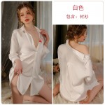 Ruo Ruo Pure Lust Wind Temptation Red Lip Print Sexy Open Front Simple Comfortable Satin Long Shirt Home Sleeping Dress 3279