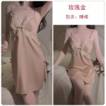 Guiruo Sexy Deep V Sweet Lace Satin Face with Breast Pads Pure Desire Split Sleeping Dress Outer Robe Home Furnishing Set 2726