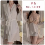 Guiruo Solid Satin Contrast Lace Perspective Sexy Deep V Open Back Suspended Sleeping Dress Outer Robe Home Suit Set 891