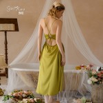 Guiruo satin surface with chest pad, spicy hollowed out waist, slim and elongated suspender nightgown, French home set J3283