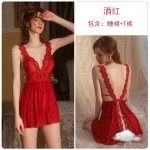 Guiruo brand sexy deep V low cut pajamas with open back suspender pajamas Comfortable solid color mesh home clothing set 725