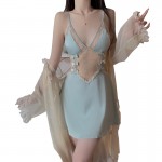 Guiruo Sexy Backless Temptation Ice Silk Pajamas with Chest Pads Gathered Strap Sleeping Skirt Outer Robe Home Suit Set 1667