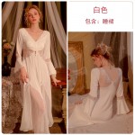 Guiruo Sexy Deep V Mesh Embroidery Lace Splice and Chest Pad Long Sleeping Dress Women's Home Furnishing Set J2809