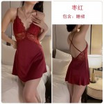 Guiruo Small Chest Pajamas with Ice Silk and Chest Pads Gathered Lace Perspective Sling Sleeping Dress Outer Robe Home Suit Set 3660