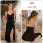 Ruo Ruo Sexy Solid Color Satin Lace V-Neck with Chest Pads for a Slim and Tall Waist, Split and Seductive Home Furnishing Dress J3177