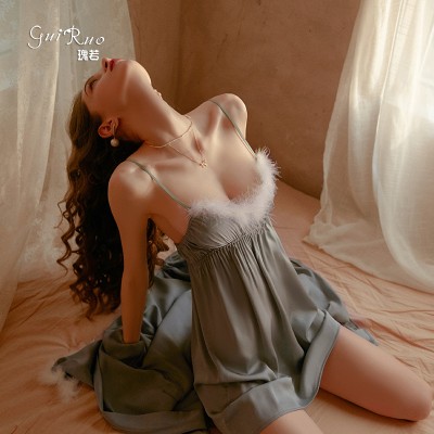 Guiruo Brand Sexy Satin Plush Suspended Nightgown Lace up Nightgown Women's Two Piece Home Fur Set 19055