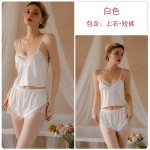 Guiruo Summer Sexy Ice Silk Splice Lace Suspender Top Shorts Outer Robe Women's Home Suit Set 19072