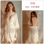 Guiruo Sexy Deep V Satin Lace Suspended Dress with Open Back Lace Outer Robe Thin Sleepwear Home Suit Set 1203