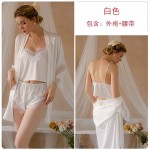 Guiruo Summer Sexy Ice Silk Splice Lace Suspender Top Shorts Outer Robe Women's Home Suit Set 19072