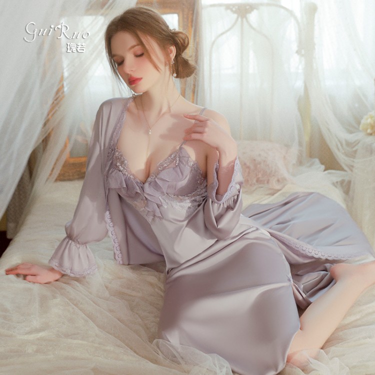 Guiruo Spring/Summer Sexy Long Ice Silk Pajamas with Chest Pads, Hanging Pajama Skirt, Outer Robe, Women's Home Furnishing Set J2970