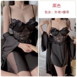 Guiruo Lingerie Satin Low Chest Gathered with Chest Pads Perspective Lace Combination Sleeping Dress Outer Robe Home Suit Set 3128