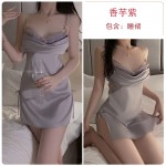 Guiruo Solid Satin Sexy High Split Stacked Collar Open Back Suspended Sleeping Dress Open Front Outer Robe Home Set 2063