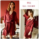 Guiruo Brand Pajamas Women's Nightwear Side Split Bathrobe Sexy Lace Pajama Bathrobe Home Suit Set 311