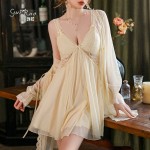 Guiruo Brand Sexy Plus Chest Pad Gathering Pajamas Palace Style Pure Desire Mesh Outer Robe Home Fur Set P2549