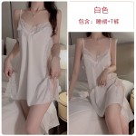 Guiruo Satin Lace Lace Hollow Splice Lace Simple and Comfortable Hanging Strap Sleeping Dress Outer Robe Women's Homewear Set 542