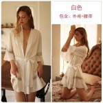 Guiruo Spring and Summer New European and American Women's Imitation Silk Splice Lace Ruffle Lace Lace Sleeping Robe Bathrobe Home Suit 878