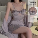 Guiruo Sexy Backless Perspective Lace Collage with Chest Cushion Satin Nightgown Outrobe Women's Home Set P3143