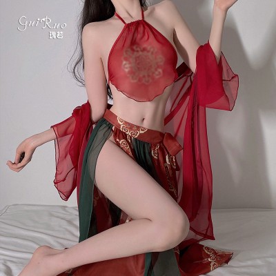 Guiruo Fun Lingerie Hanging Neck Sexy Perspective Attractive Backless Classic Belly Pocket Kimono Outer Robe Bed Uniform Set