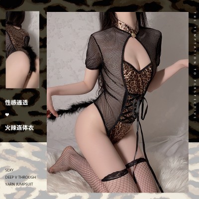 Guiruo Sexy Leopard Pattern Lacquer Leather Concealed Crotch Open Free Mesh Hollow out Uniform Temptation One Piece Set 19507