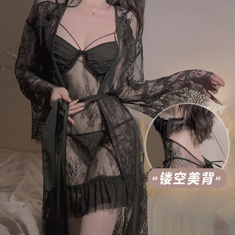 Guiruo Pure Desire Low cut Mesh Perspective Steel Ring Gathering Sexy Open Back Suspended Sleeping Dress Outer Robe Fun Set 1165